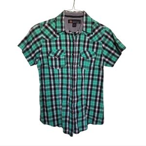 AW Outfitters Green and Black Plaid Short Sleeve Roll Tab Snap Button Shirt XL